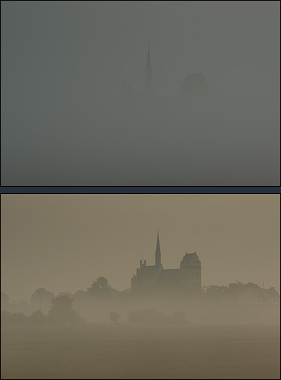 Kościół farny w Świeciu, w jesiennej mgle