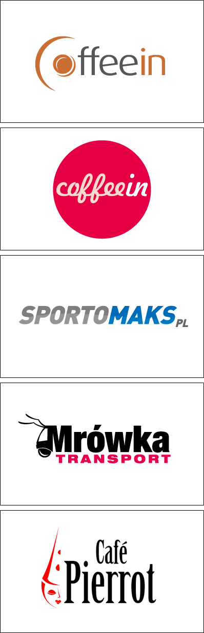 logotypy CoffeIn, sportomaks.pl, Mrówka Transport, Cafe Pierrot logotypy